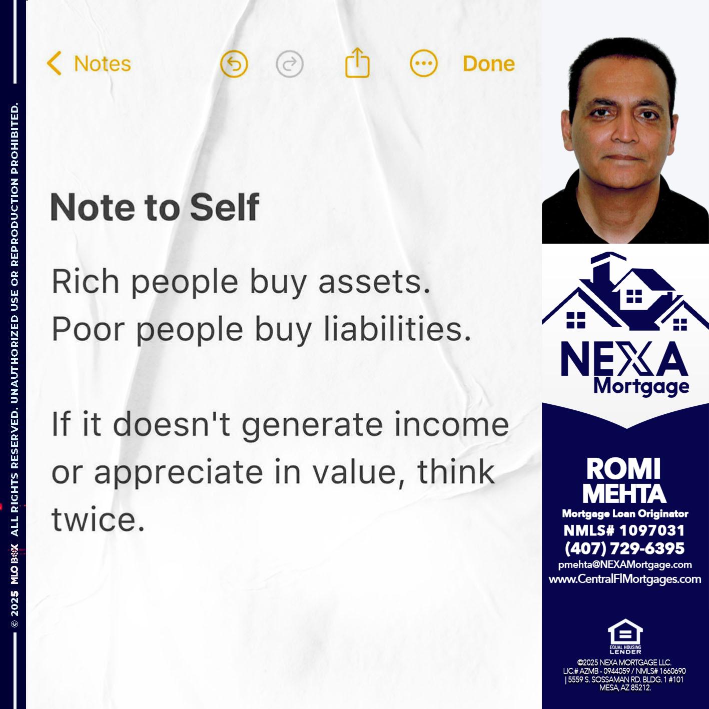 NOTE TO SELF - Romi Mehta -Mortgage Loan Originator
