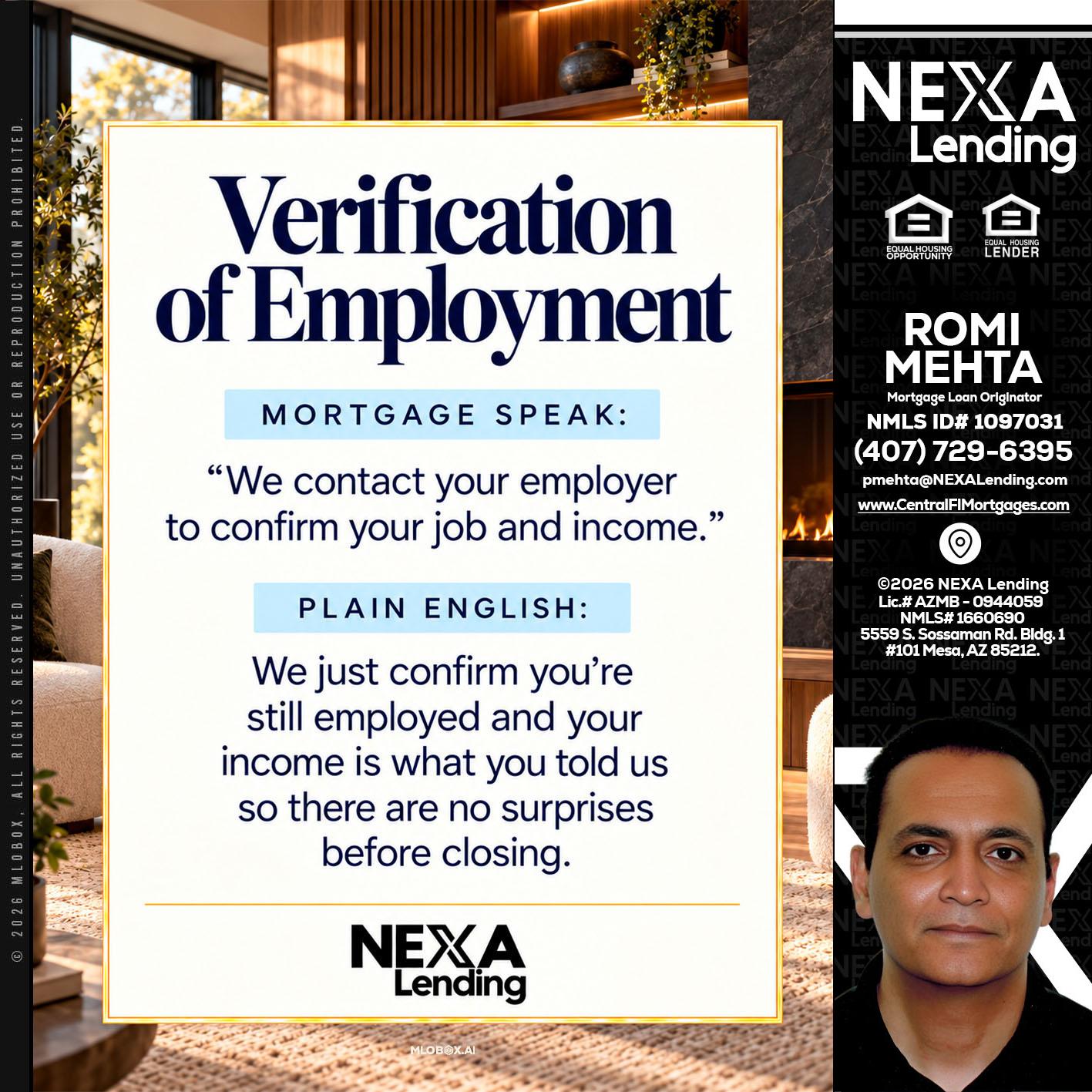 VERIFICATION OF EMPLOYMENT - Romi Mehta -Mortgage Loan Originator